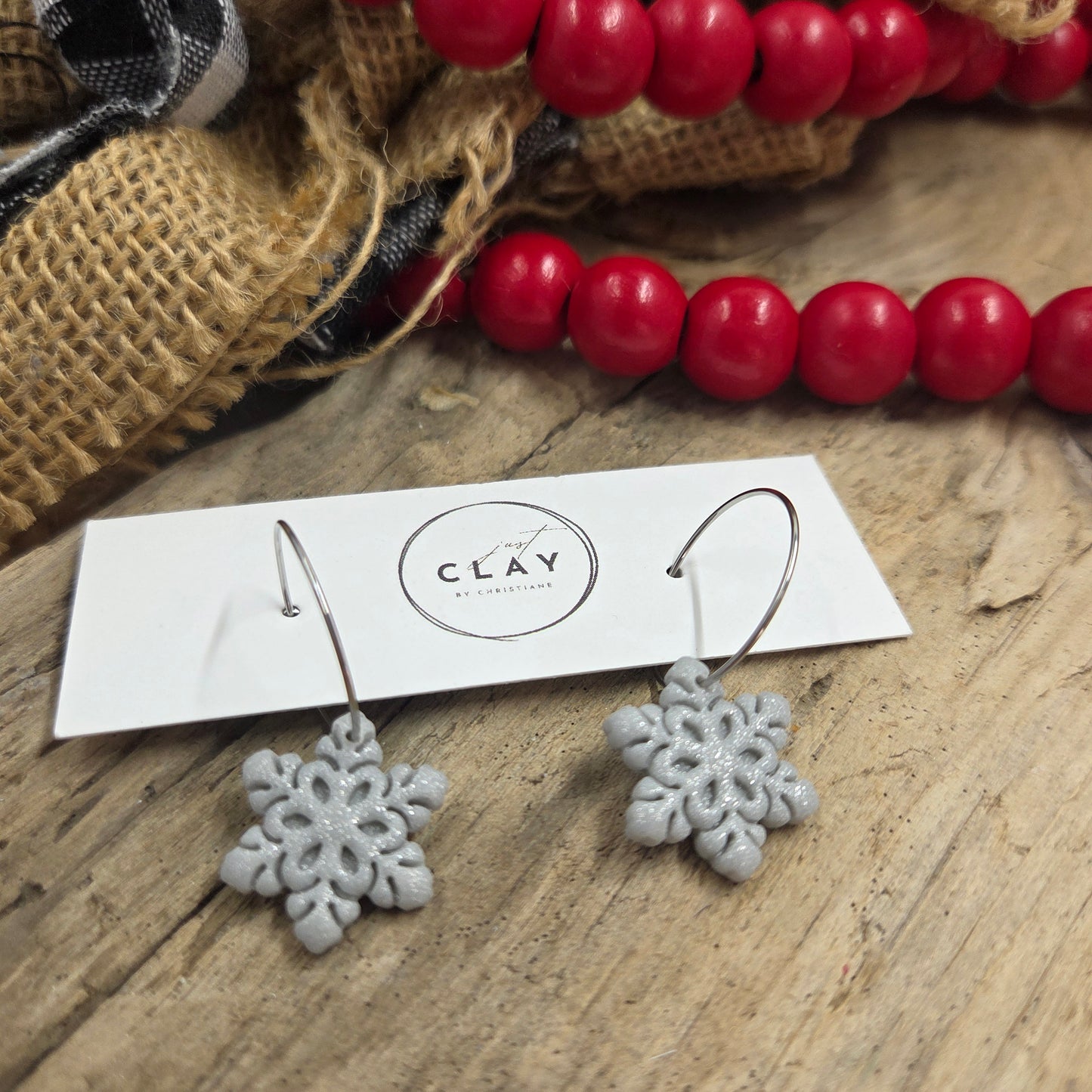 Snowflake Hoops | silver | handmade | polymer clay