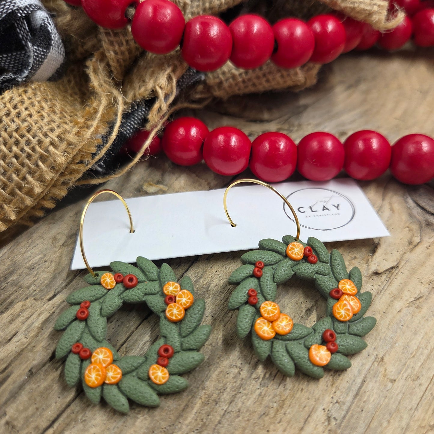 Holiday Wreath Dangles | handmade | polymer clay